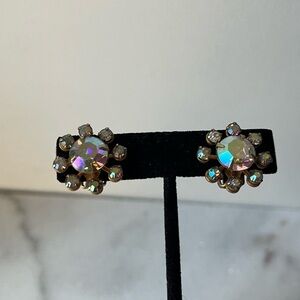 Vintage 1960s Aurora Borealis Rhinestone Bead Round sunburst Clipon earrings